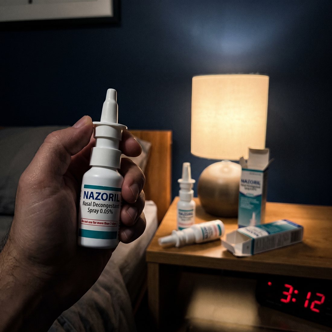 Nasal decongestant spray bottle with the three-day warning visible